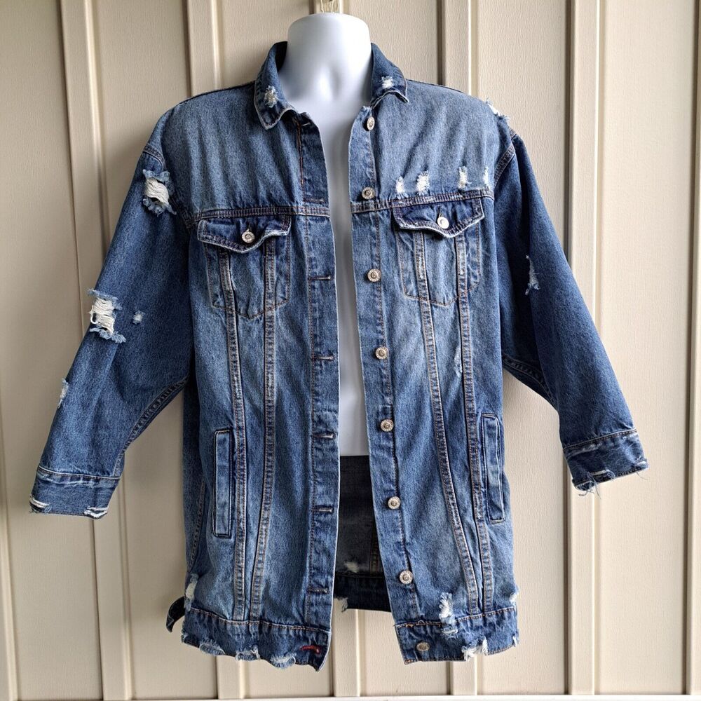 Fiore Jeans Distressed Denim Jacket Medium Oversized Long Line Grunge Trashed